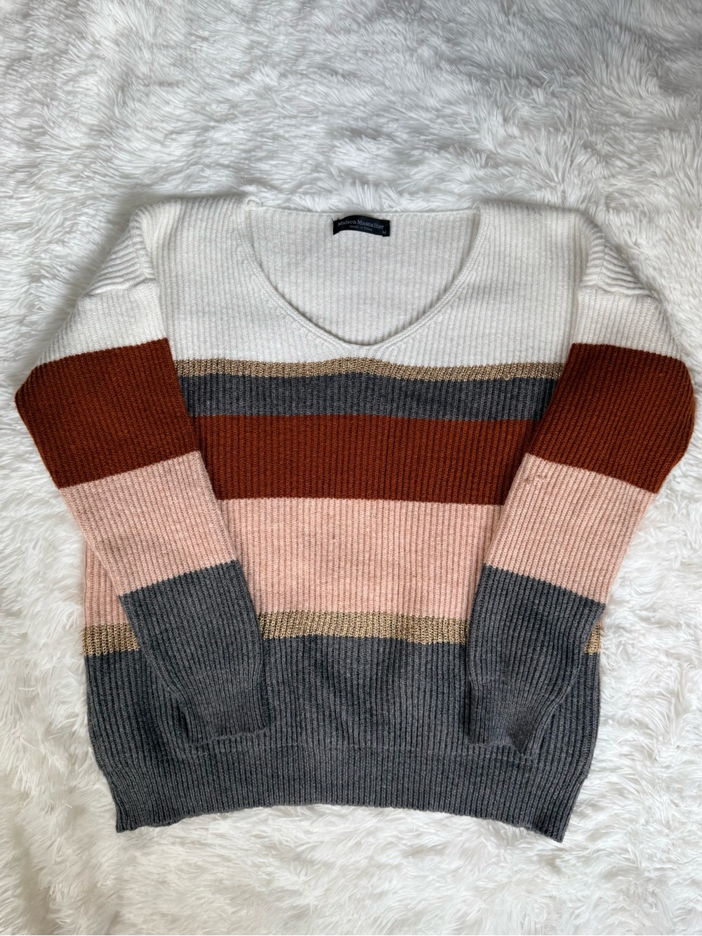 Maison Mascallier Striped V-Neck Sweater in Cream, Rust & Gray